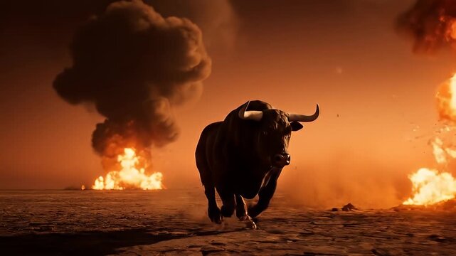 Bull standing in front of explosions.
