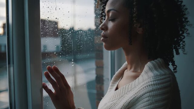 Woman looks out window as rain falls in city during morning hours