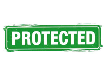 Fototapeta premium Green rectangle stamp with white text saying the word protected, isolated on transparent cutout stamp png.