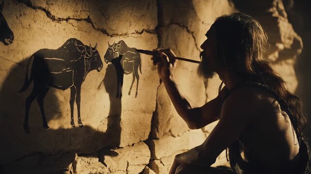 Artist creates cave paintings of animals in ancient setting during sunset hours
