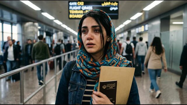 Sad Iranian woman holding passport and folder in terminal. Traveler waiting for boarding flight from Tehran to Doha. Departure lounge at an international airport.