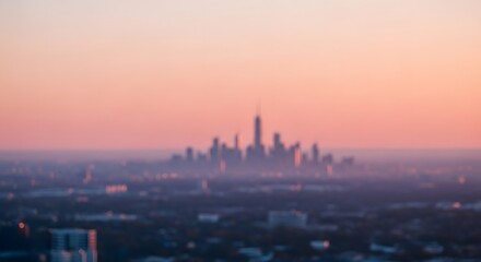Naklejka premium Panoramic city skyline at sunset, urban cityscape with skyscrapers in hazy pink light, metropolitan downtown horizon during golden hour