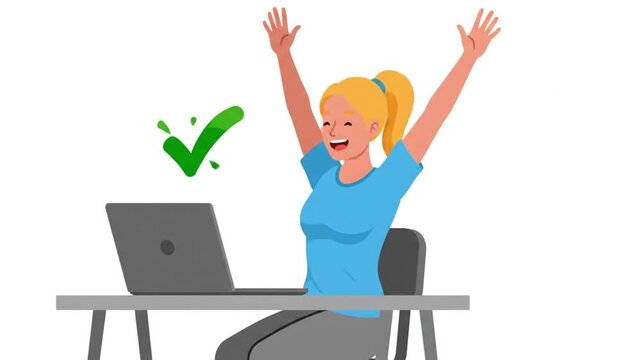 Vibrant Woman Celebrating Online Achievement, Ecstatically Raising Arms in Triumph After Completing a Task on Laptop, Symbolizing Digital Success, Goal Attainment, and Joyful Accomplishment