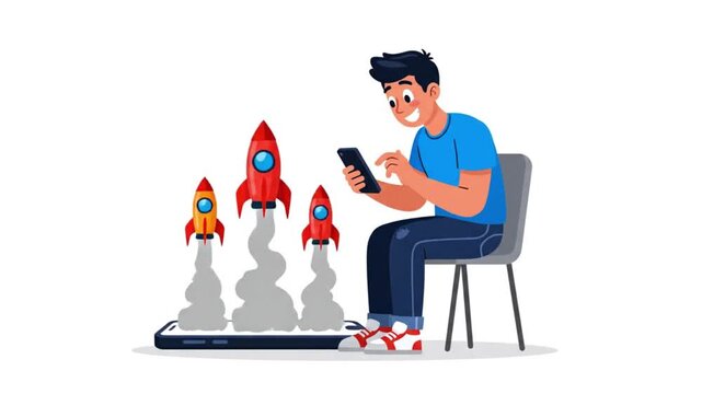 Smiling young man engaged with his smartphone, as rockets launch from the screen, symbolizing rapid business growth, successful startup, or quick app development and launch