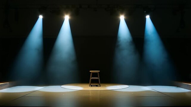 Single wooden chair centered on an empty stage beneath four blue spotlights in a dark theater