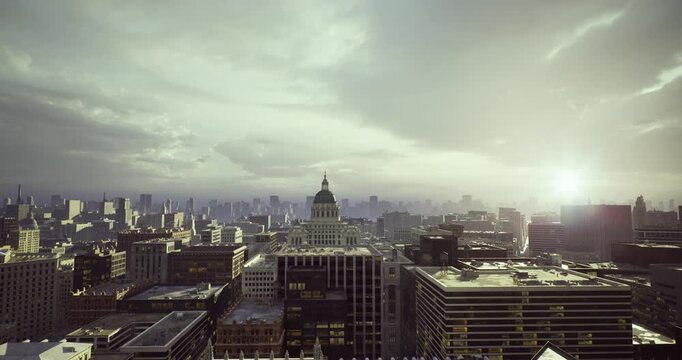 Misty morning over capitol dome, soft haze and diffuse light soften historic facades and cobblestone plaza, nostalgic mood with sepia undertones and gentle