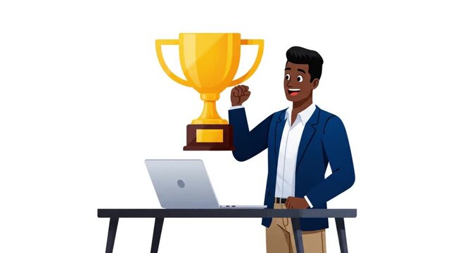 Confident African American businessman celebrating a remarkable triumph, standing proudly next to a gleaming golden trophy, symbolizing professional success and achievement