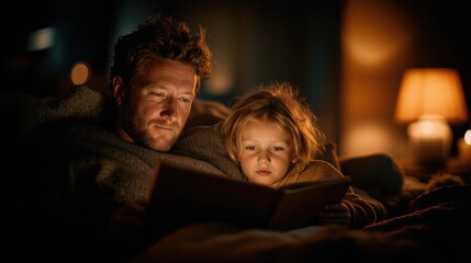 Fototapeta premium Evening reading scene: father and child share a bedtime story by warm lamp light