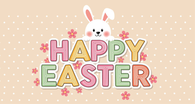 Happy easter celebration with bunny and colorful text on pastel background
