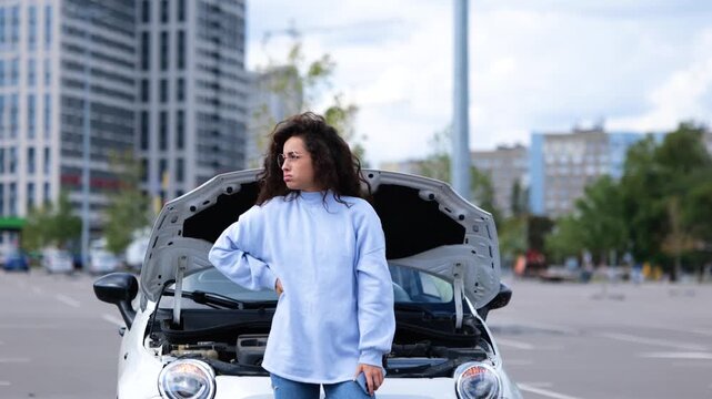 Portrait of beautiful young woman standing outdoor near broken car waiting for help evacuator. Female in street near vehicle with opened hood. Car breakdown. Car accident.