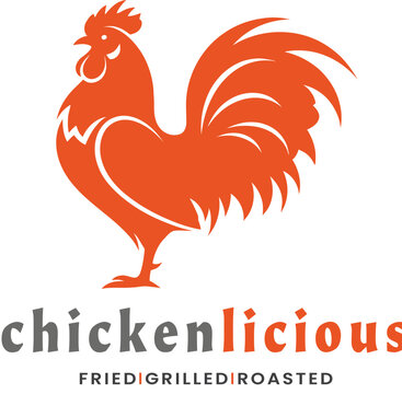 Chicken Licious restaurant logo with orange rooster silhouette, fried and grilled poultry concept.