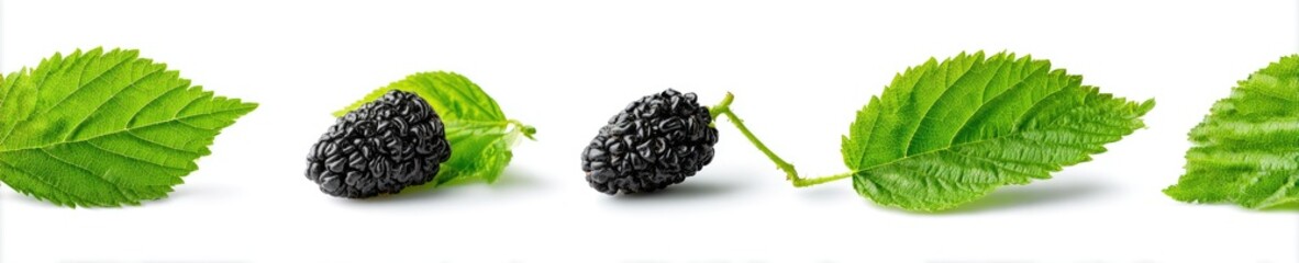 Alternating leaves and ripe blackberries on a seamless, crisp white backdrop