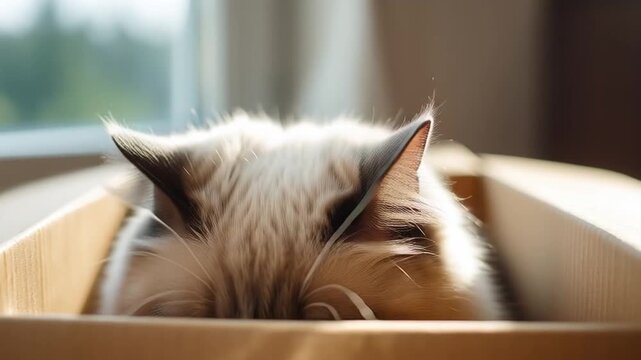 段ボール箱の中に入った青い目のラグドール猫の可愛い動き