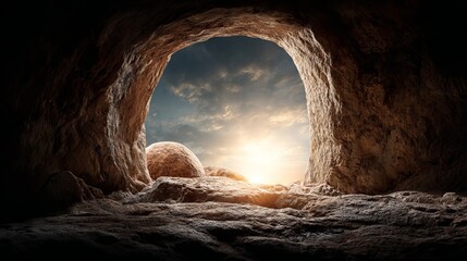 A serene cave entrance with a large stone rolled away, revealing a bright sunny sky with clouds.