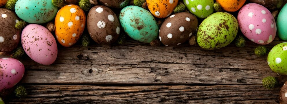 Vibrant multicolored Easter eggs in joyful shades of pink green orange brown and teal some featuring intricate speckles and others crisp white polka dots are artfully arranged upon a rustic weathered 