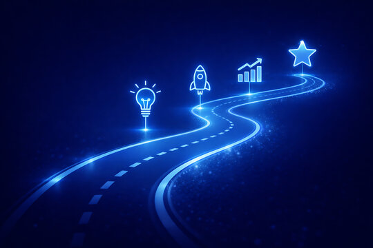 Glowing curved digital road showing innovation and rapid growth journey with lightbulb rocket launch financial bar chart and star signs leading to final business victory