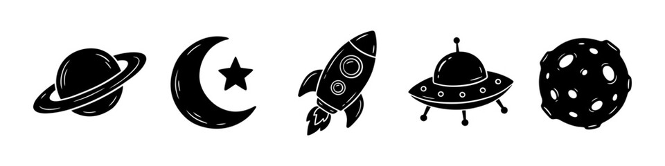 Saturn, Moon and Star Monochrome Icon Set. High quality stock illustration with clear subject focus and cohesive composition for versatile commercial usage. © Victor