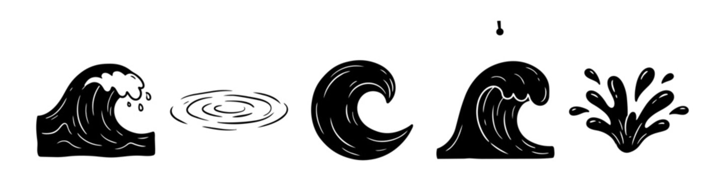 Wave, Ripple and Splash Monochrome Icon Set. High quality stock illustration with clear subject focus and cohesive composition for versatile commercial usage.