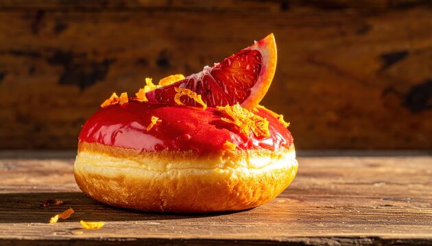 A Vibrant Blood Orange Doughnut with Rich Glaze and Candied Peel, Presented on a Wooden Surface