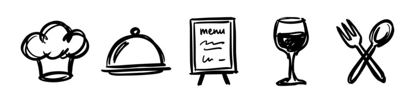 Chef Hat, Food Dome and Menu Board Monochrome Icon Set. High quality stock illustration with clear subject focus and cohesive composition for versatile commercial usage.