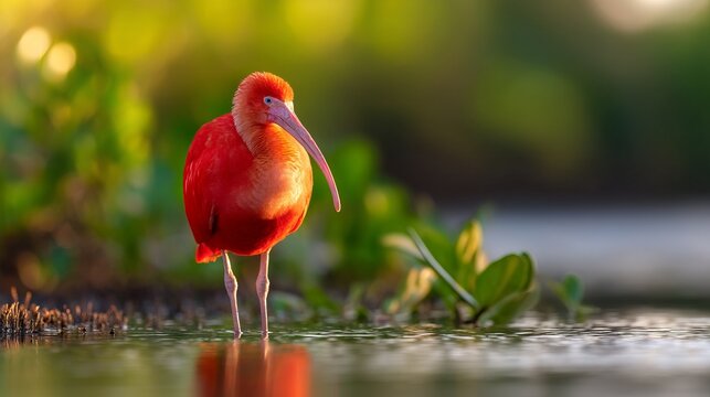 Vibrant Scarlet Ibis Standing Gracefully in Shallow Mangrove Water