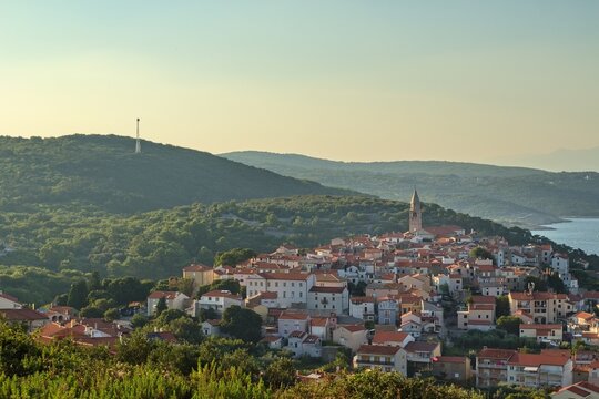 Panoramic view of the town of Vrbnik, Croatia during sunset in summer