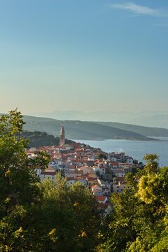 Panoramic view of the town of Vrbnik, Croatia during sunset in summer