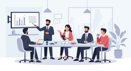 Business meeting: team discussing strategy with charts on screen in modern office