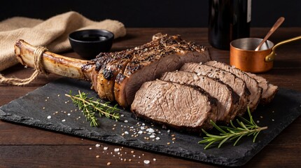 Sliced Tomahawk Steak Medium Rare with Rosemary and Sea Salt   Grilled Tomahawk Steak Medium Rare with Rosemary and Sea Salt on Dark Slate