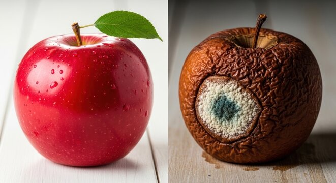 A split-screen image of a fresh red apple with a green leaf and a rotten brown apple with mold