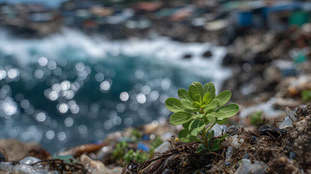Small hopeful sprout growing from a chaotic pile of plastic waste on a coastal beach, bright sunlight illuminating the leaves while the ocean sparkles behind, textures of sand, deb