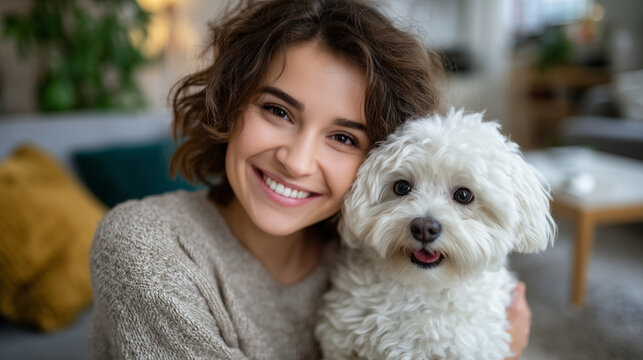 Smiling woman in casual homewear petting her fluffy dog while seated on a sofa, sunlight streaming across the living room floor, cushions and coffee table in soft focus, happy, nur