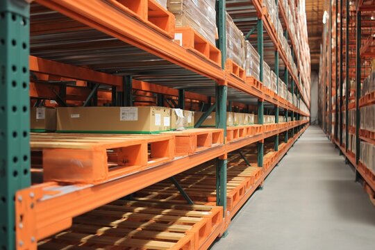 Clear Rows of Industrial Warehouse Racks with Pallets and Storage Boxes