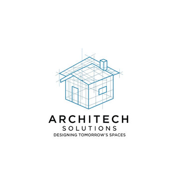 Blueprint Wireframe House Logo Design for Architech Solutions, isolated white background.