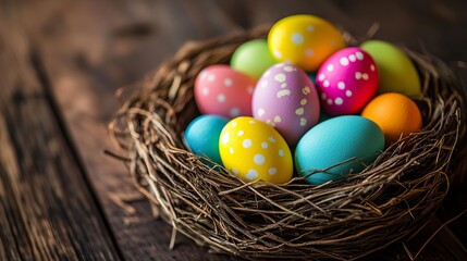 Obraz premium A bird's nest filled with colorful Easter eggs on a wooden table