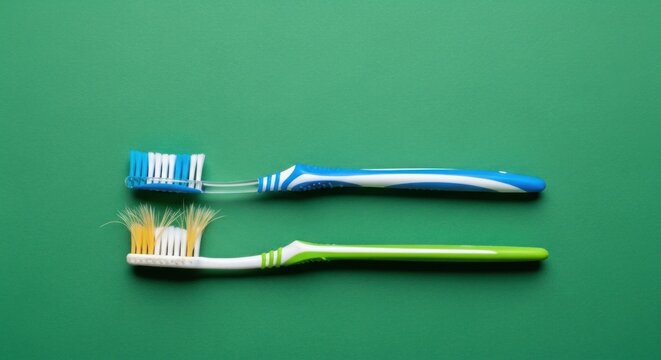 A blue and white toothbrush lies above a yellow, white, and green toothbrush on a green background