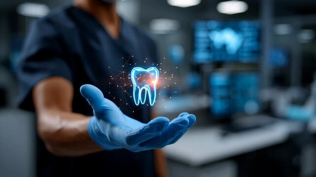 Gloved hand of a dental professional holding a holographic tooth in a modern lab setting, symbolizing advanced dental technology.