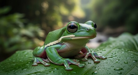 Naklejka premium A green frog sits on a wet leaf, looking to the right with large black eyes