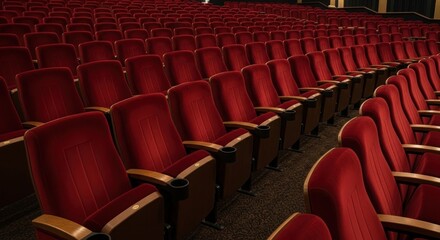 Fototapeta premium A dimly lit auditorium with rows of red upholstered seats featuring wooden armrests