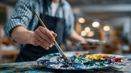 Fototapeta premium Artistâs hand mixing red, blue, yellow, and green acrylic paints on a palette, close-up view with paintbrush in motion, textured thick paint and subtle splatters visible, warm natu