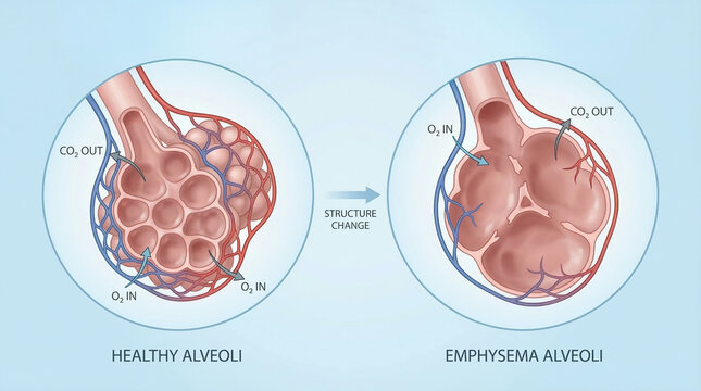Healthy Alveoli vs Emphysema: Lung Structure and Oxygen Exchange Comparison