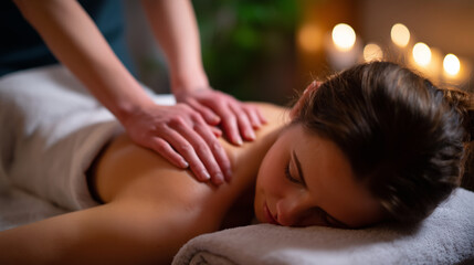 Obraz premium Relaxed young woman receiving traditional cupping therapy in a spa, therapistâs hands adjusting silicone cups along her back, warm soft lighting, scented candles and serene decor e