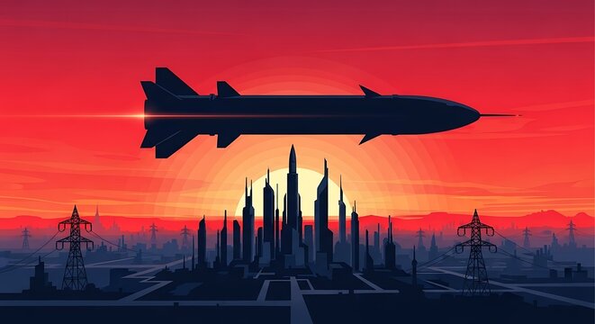 Silhouette of a missile flying over a futuristic city during a fiery sunset