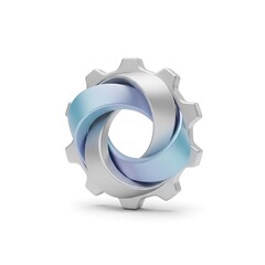 A 3d rendered silver gear intertwined with a smooth blue gradient ring on a clean white background © NeuroVisual Lab