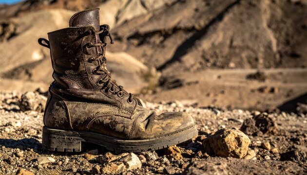 A Worn Leather Combat Boot Caked with Mud and Scuff Marks Resting on Rocky Ground