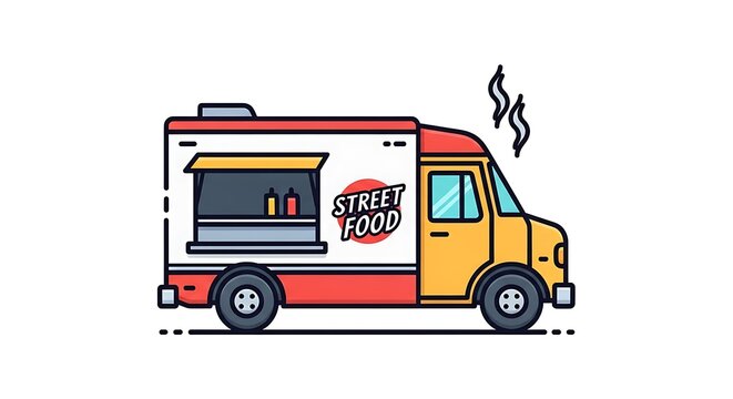 A colorful illustration of a street food truck on a white background