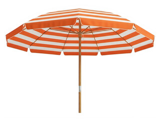 A large orange umbrella with white stripes on a white background