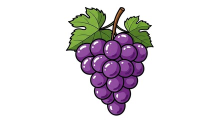 A vibrant bunch of purple grapes with green leaves on a white background
