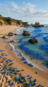 Sea of Roses &ndash; Colorful Flower Heads Floating on a Scenic Rocky Beach with Castle Ruins
