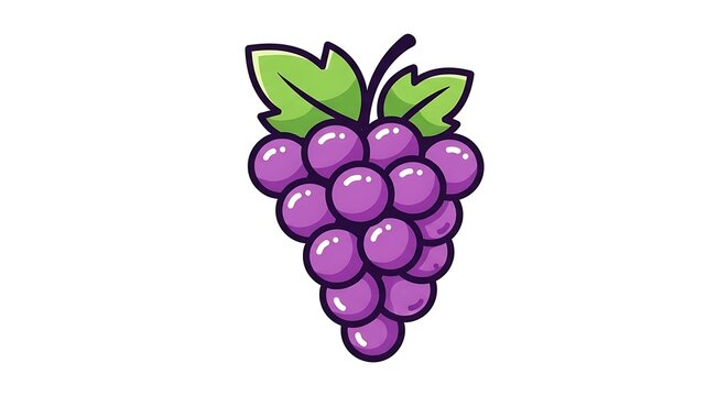 A cartoon illustration of a bunch of purple grapes with green leaves on a white background